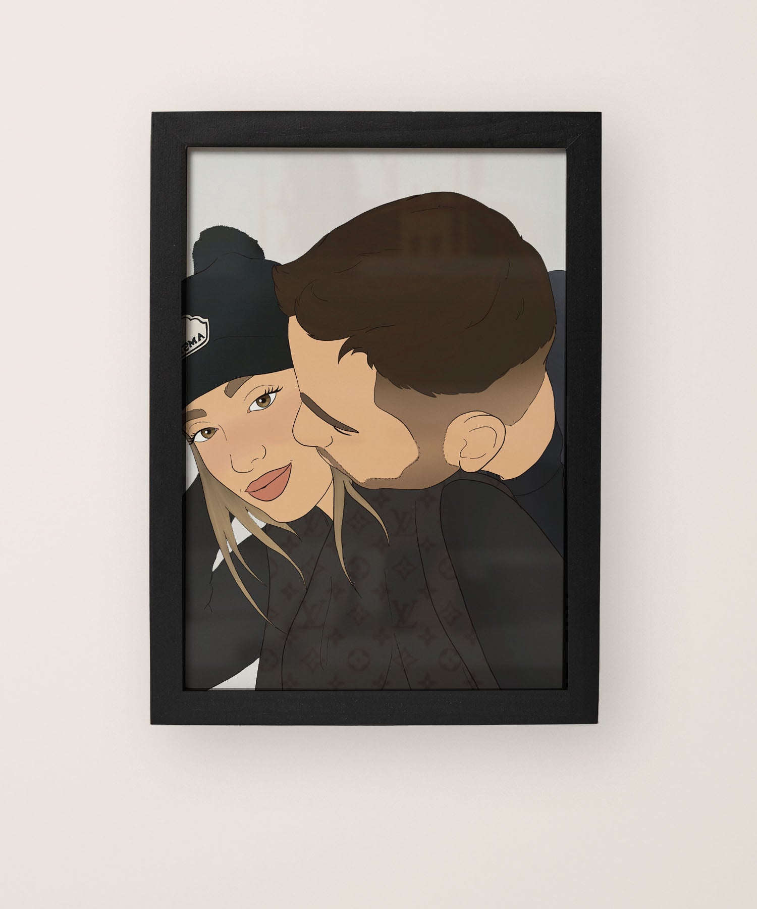 איור דיגיטלי צבעוני בהתאמה אישית ממוסגר במסגרת עץ בצבע שחור