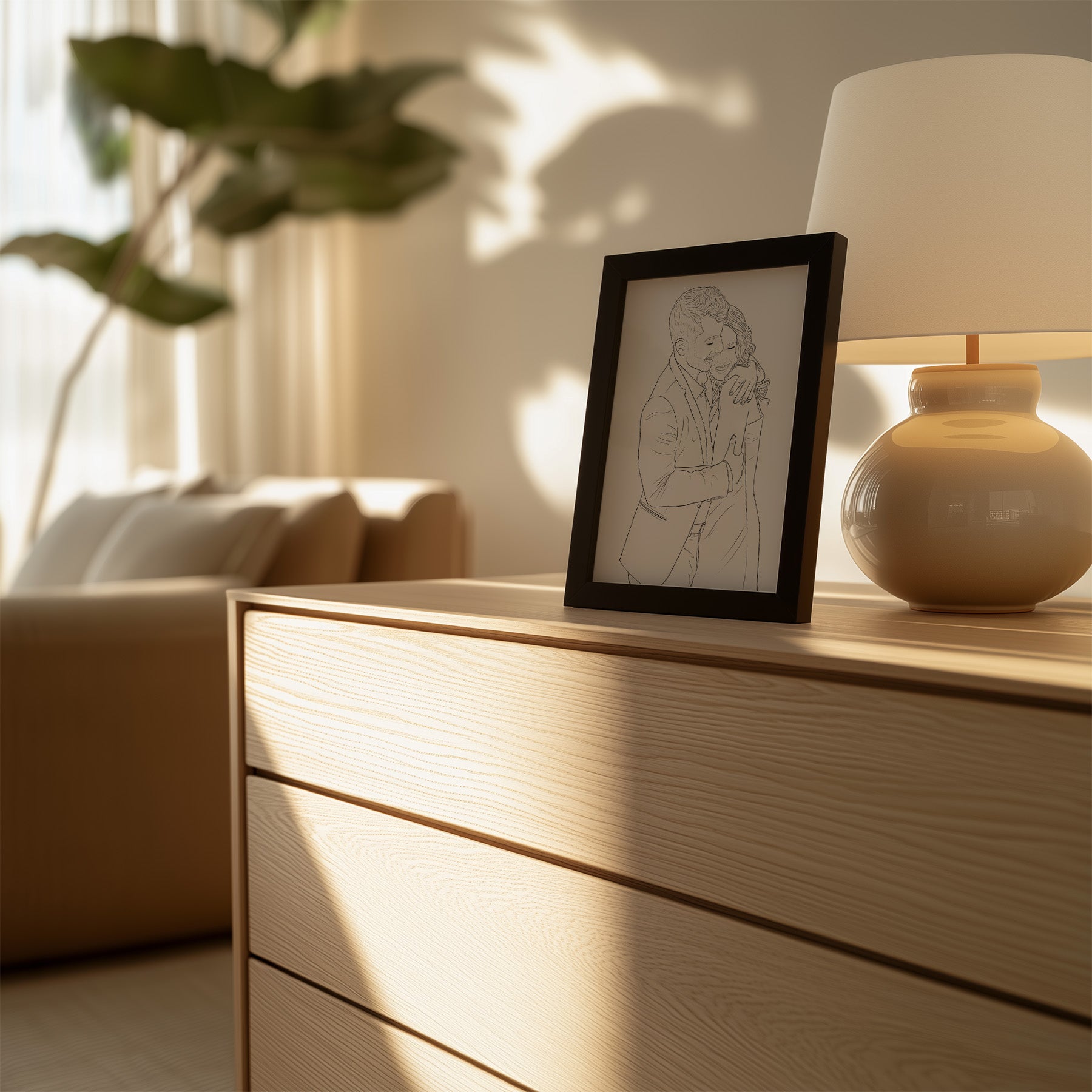 Framed digital line art illustration of a couple embracing, displayed on a light wooden dresser in a cozy, sunlit living room, alongside a stylish ceramic lamp and soft background elements